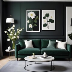 Frame mockup, ISO A paper size. Living room poster mockup. Modern interior design. Living room Interior mockup with house background. 3D render