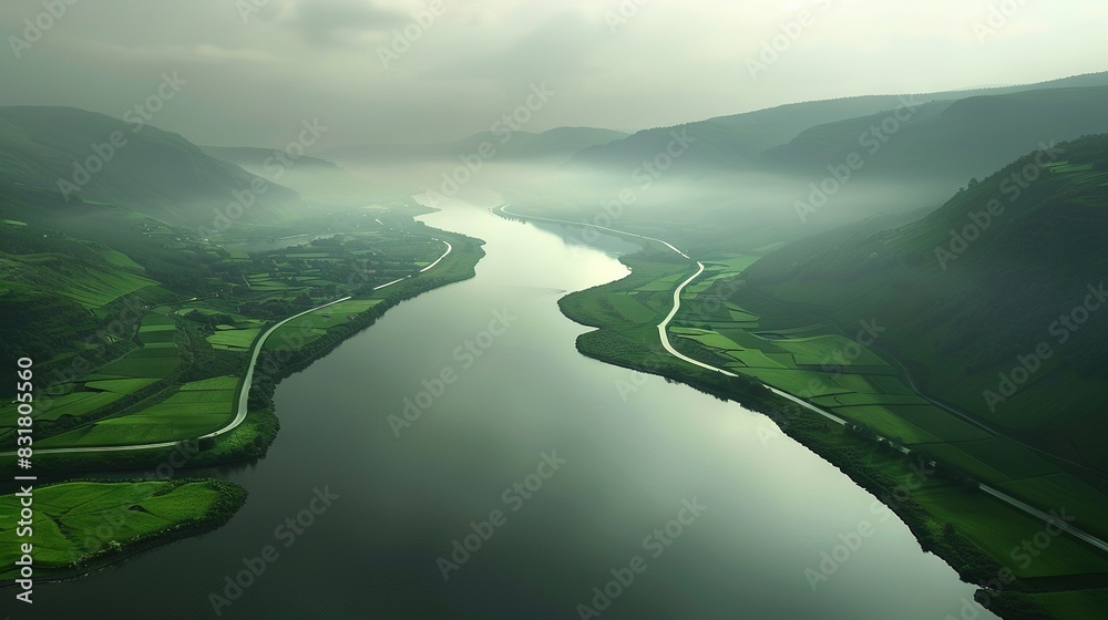 Wall mural   An aerial view of a river running through a lush green valley with mountains in the background and fog in the air