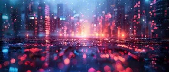 Obraz premium conceptual cityscape with futuristic elements, imaginative design, close up, intense shades, Double exposure silhouette with neon lights