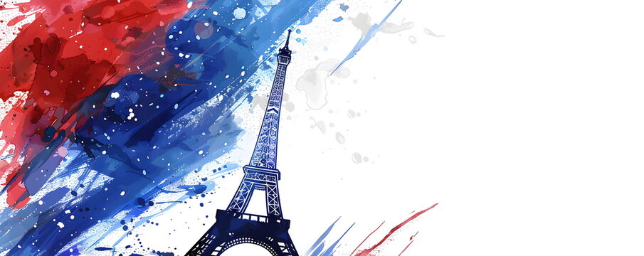 banner in blue white red colors with elements of the Eiffel Tower with background and copy space