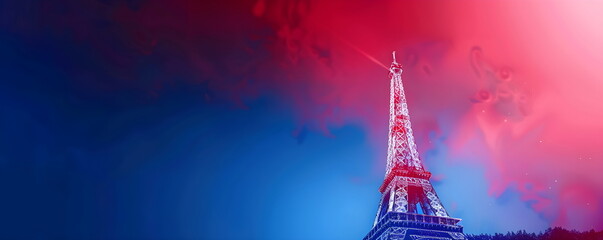 banner in blue white red colors with elements of the Eiffel Tower with background and copy space