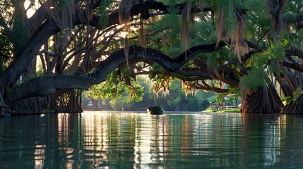   A boat floats atop a water body beneath a tree laden with numerous green leaves and Spanish moss - Powered by Adobe
