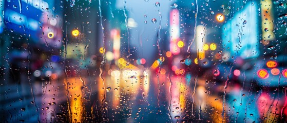 Obraz premium cityscape in rain, reflections and lights, moody atmosphere, focus on, dynamic colors, Double exposure silhouette with raindrops