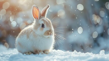 Cute rabbit on snow background in winter
