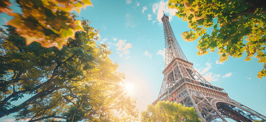 summer banner with Eiffel tower elements with background and copy space