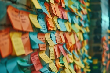 A stack of colorful sticky notes filled with messages and reminders on a bulletin board.