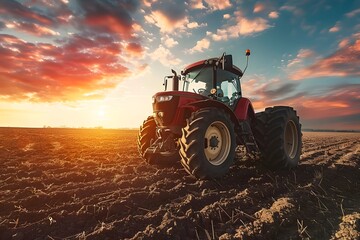 Obraz premium A photo of a red tractor in a freshly plowed field at sunset, symbolizing farming and rural life
