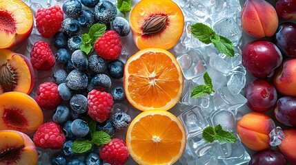  A selection of sliced fruits arranged on ice with mint leaves and an assortment of juicy oranges