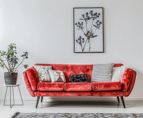 Scandinavian minimalist living room composition with a modern sofa and minimal decor.