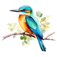 Fototapeta premium Vibrant Watercolor of a Perched Kingfisher Amidst Lush Foliage