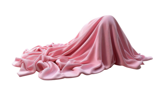Soft pink draped fabric creating abstract shapes and curves, isolated on white background, ideal for artistic and design projects.