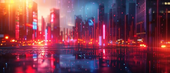business chart overlaying cityscape, financial district, close up, vibrant colors, Double exposure silhouette with stock market graphs