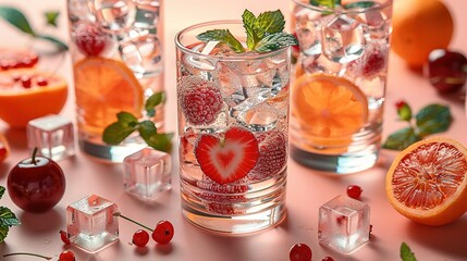   A glass filled with diverse fruits and iced cubes on a pink surface beside oranges, raspberries,...