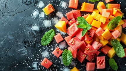   Watermelon, melon, mint, and mint on ice cubes on a black slate surface - Powered by Adobe