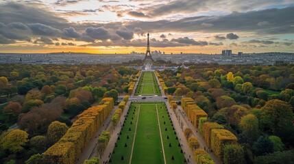 very wide angle panoramic aerial view of the famous Jardin des Tuileries park of Paris near the Louvre showing in the far horizon the tower of Eiffel, Generative AI