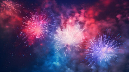 Multiple colorful fireworks burst in the dark night sky, creating a vibrant display of lights and colors