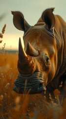 A rhino standing in a field of tall grass, peacefully grazing