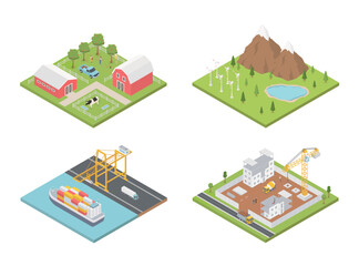 Set of isolated city vector elements. Blocks with icons with farm, port, mountains and lake, construction site.