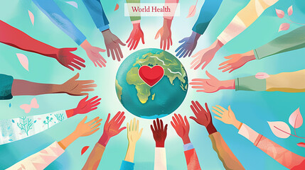 A vibrant and engaging digital poster for World Health Day featuring a diverse group of people from different ages and ethnic backgrounds united in a symbolic circle of hands around the globe. 
