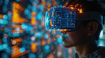 A person wearing futuristic virtual reality (VR) goggles, immersed in a digital environment filled with vibrant blue and orange lights.
