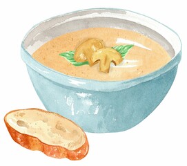 Mushroom puree soup with basil in a blue plate and pieces of bread. Hand drawn watercolor illustration isolated on white background. Template for design.
