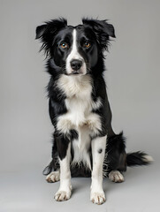 A black and white dog is in a sitting position on the ground