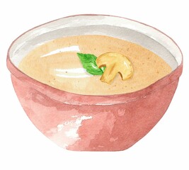Mushroom puree soup with basil in a red plate. Hand drawn watercolor illustration isolated on white background. Template for design.