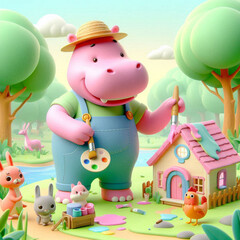 Naklejka premium カバのペンキ屋さん～デジタルアート