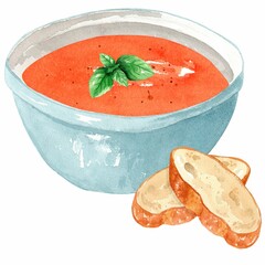Tomato puree soup with basil in a blue plate and pieces of bread. Hand drawn watercolor illustration isolated on white background. Template for design.
