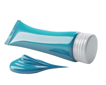 Close-up of a blue tube of cream with a corresponding smear, isolated on a white background, perfect for skincare and beauty concepts.