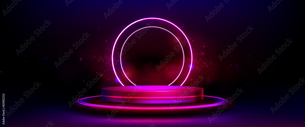 Wall mural 3d pink neon light podium bg. glow game platform with digital led effect. futuristic hologram abstra