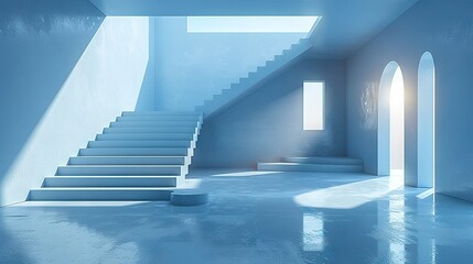   A blue room with a white staircase leading up to a skylight