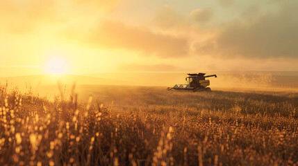 Fototapeta premium A combine truck navigates through a wheat field under the warm hues of a setting sun, harvesting the ripe crops