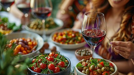   Close-up of a bowl with wine on a table full of food