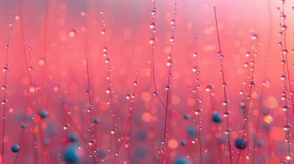   A close-up of droplets on a plant against a pink sky