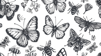 Naklejka premium Hand-drawn doodle pattern focusing on garden insects such as butterflies and bees,