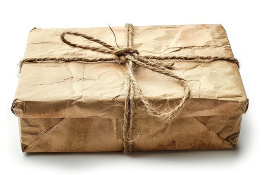Brown paper parcel with string, isolated on white background, 