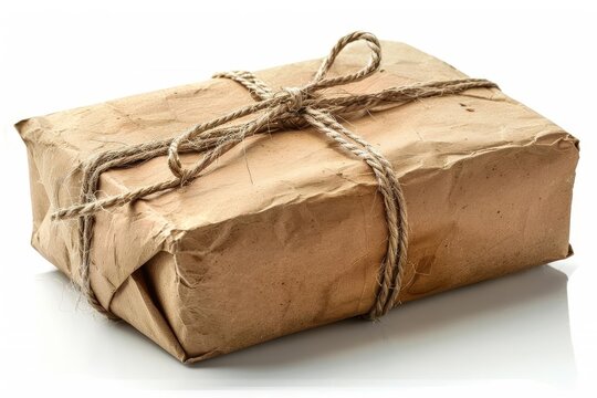 Brown paper parcel with string, isolated on white background, 