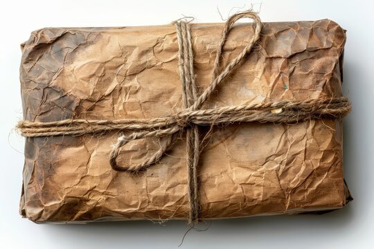 Brown paper parcel with string, isolated on white background