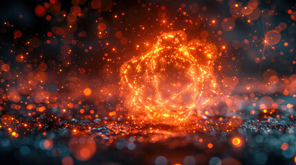 Abstract yellow orange glowing energy magic bright high tech sphere ball circle  in fire and smoke background