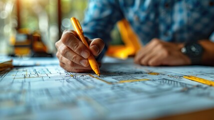 Close-up of a person's hand drawing on architectural blueprints with a yellow pen. Concept of...