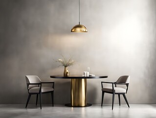  Dining room in light ivory colors. Beige and taupe with black details. Golden accent table. Minimalistic room with texture plaster microcement walls. Menu template or mockup invitation. 3d rendering 