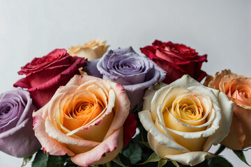 Bouquet of roses on the table. A bouquet of different coloured roses with a white plain background, soft drew on roses