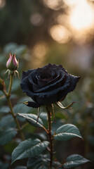 A black rose in a garden. A black rose with soft sunrise light. A beautiful black rose with drew drops. Flower photography. Rose photography. Black rose wallpaper. 