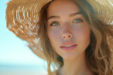 A beautiful woman wearing a beach hat on a sunny day.