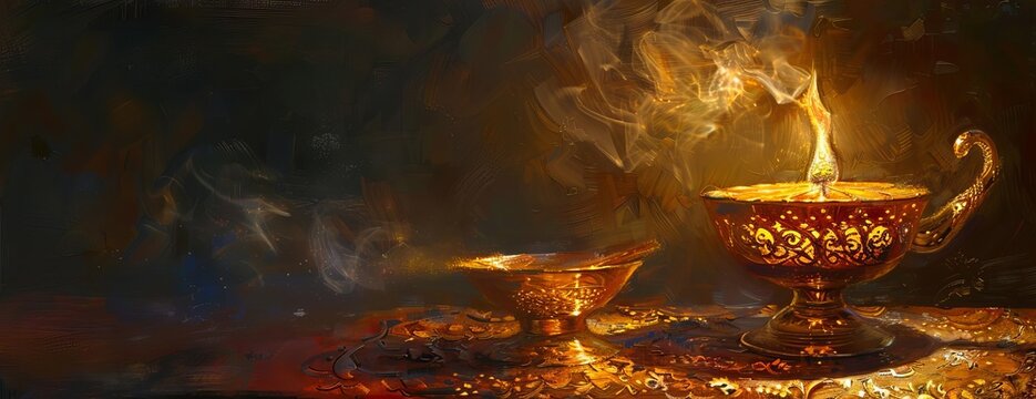 Ornate golden oil lamp with flickering flame and smoke on a dark background.