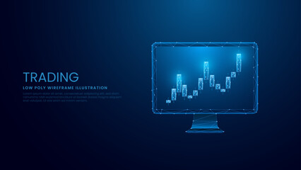 Digital stock market candlestick and trading concept. Forex and Crypto Trading. Low Poly Wireframe Vector Illustration on Technological Blue Background. 