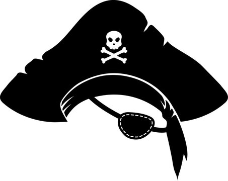 Pirate captain or sailor photo booth mask with tricorn hat and eye patch. Privateer cocked hat, filibuster classic costume or caribbean buccaneer sailor or pirate headwear vector photo booth mask