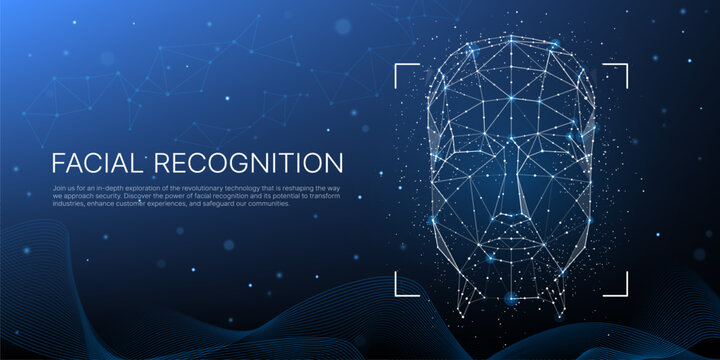 Face recognition technology. Vector 3d geometric wireframe of human head on dark blue background with network of connecting dots and lines, symbolizing face scan, digital connections and security