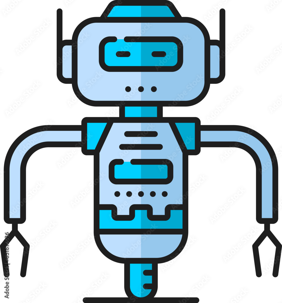Poster Game futuristic droid, retro virtual bot, alien humanoid robot outline color icon. Robotic technology humanoid droid with clenches, future bot or AI virtual assistant robot linear vector pictogram